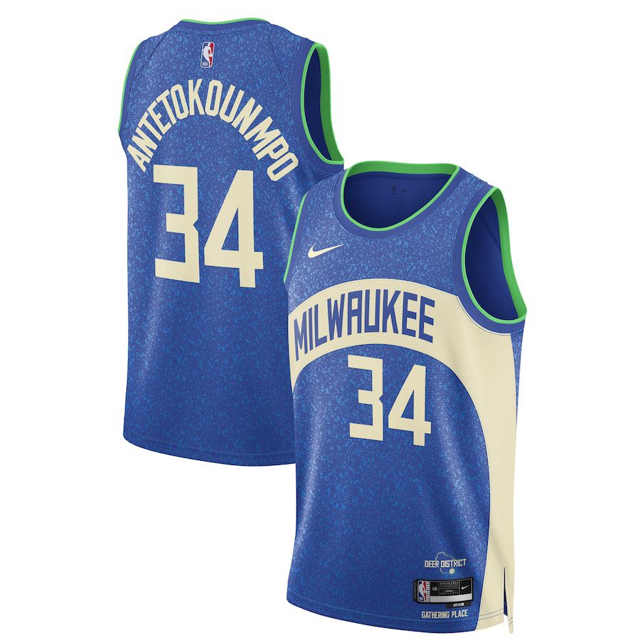 Men Milwaukee Bucks #34 Giannis Antetokounmpo Nike Blue City Edition 2023-24 Swingman NBA Jersey